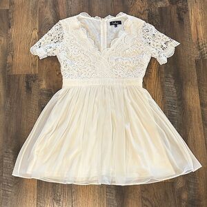 Lulus Angel in Disguise White Lace Skater Dress!